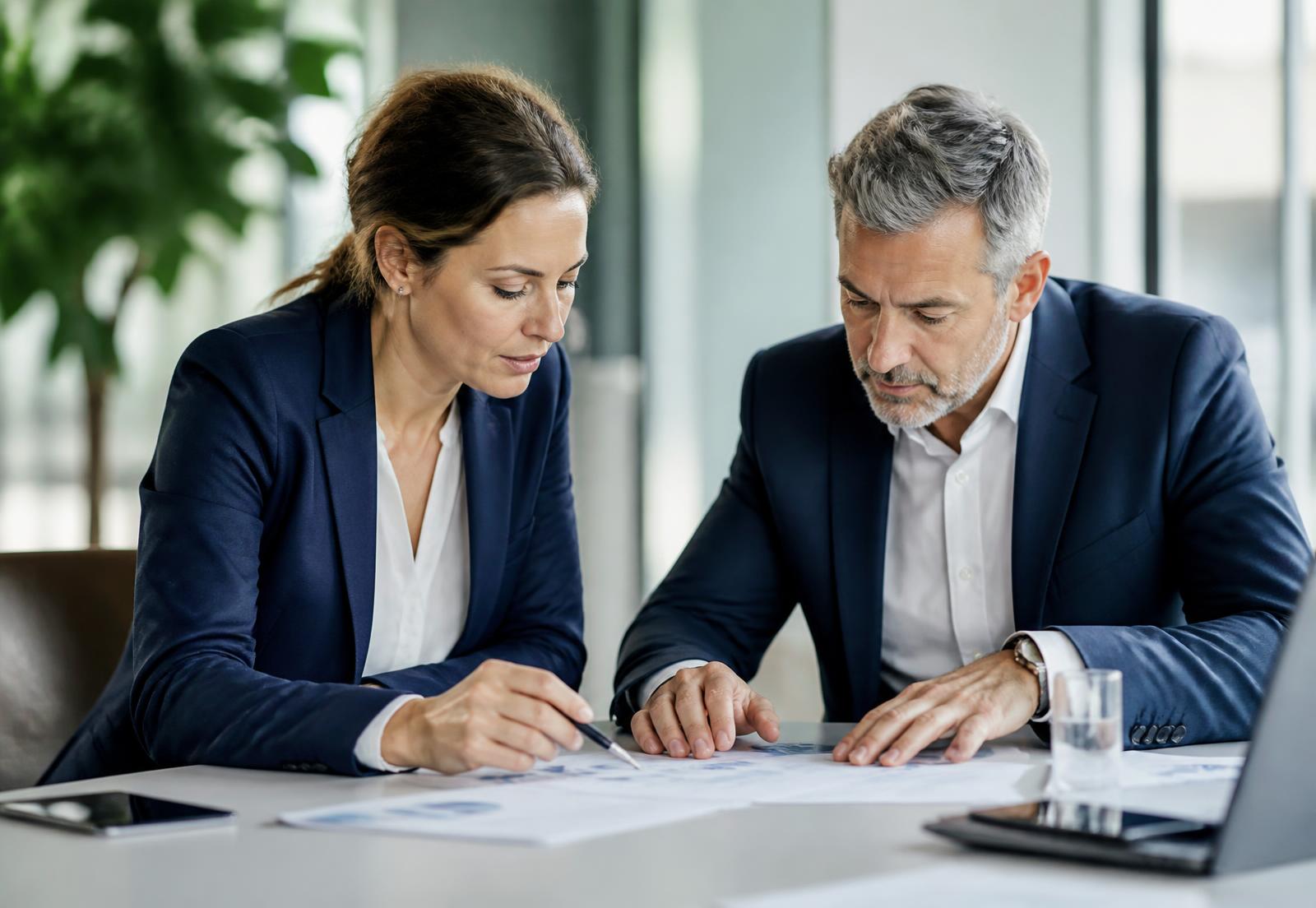 Two business colleagues reviewing accounts together