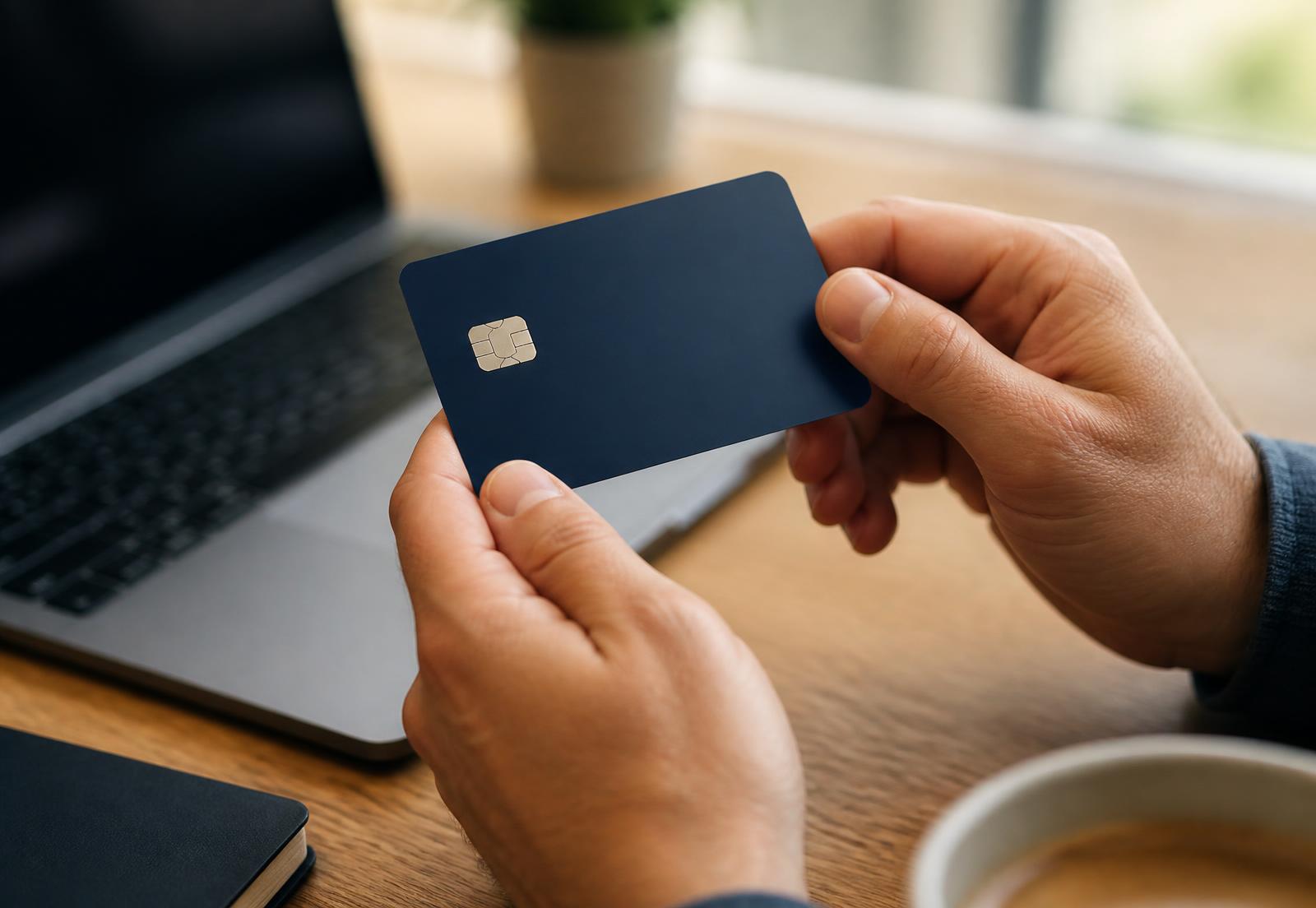 A customer holding a navy Nordhaven bank card at a desk