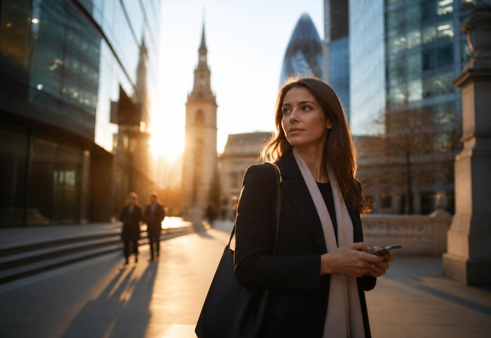 A Nordhaven customer walking through the City of London at sunrise