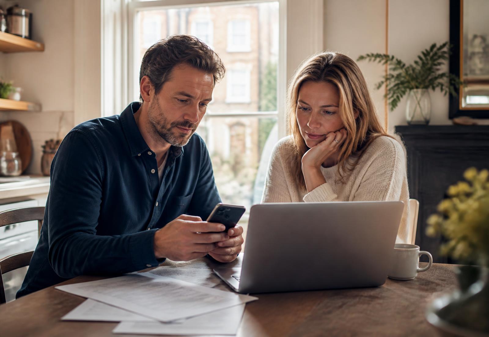 A couple reviewing their household finances together at home in London