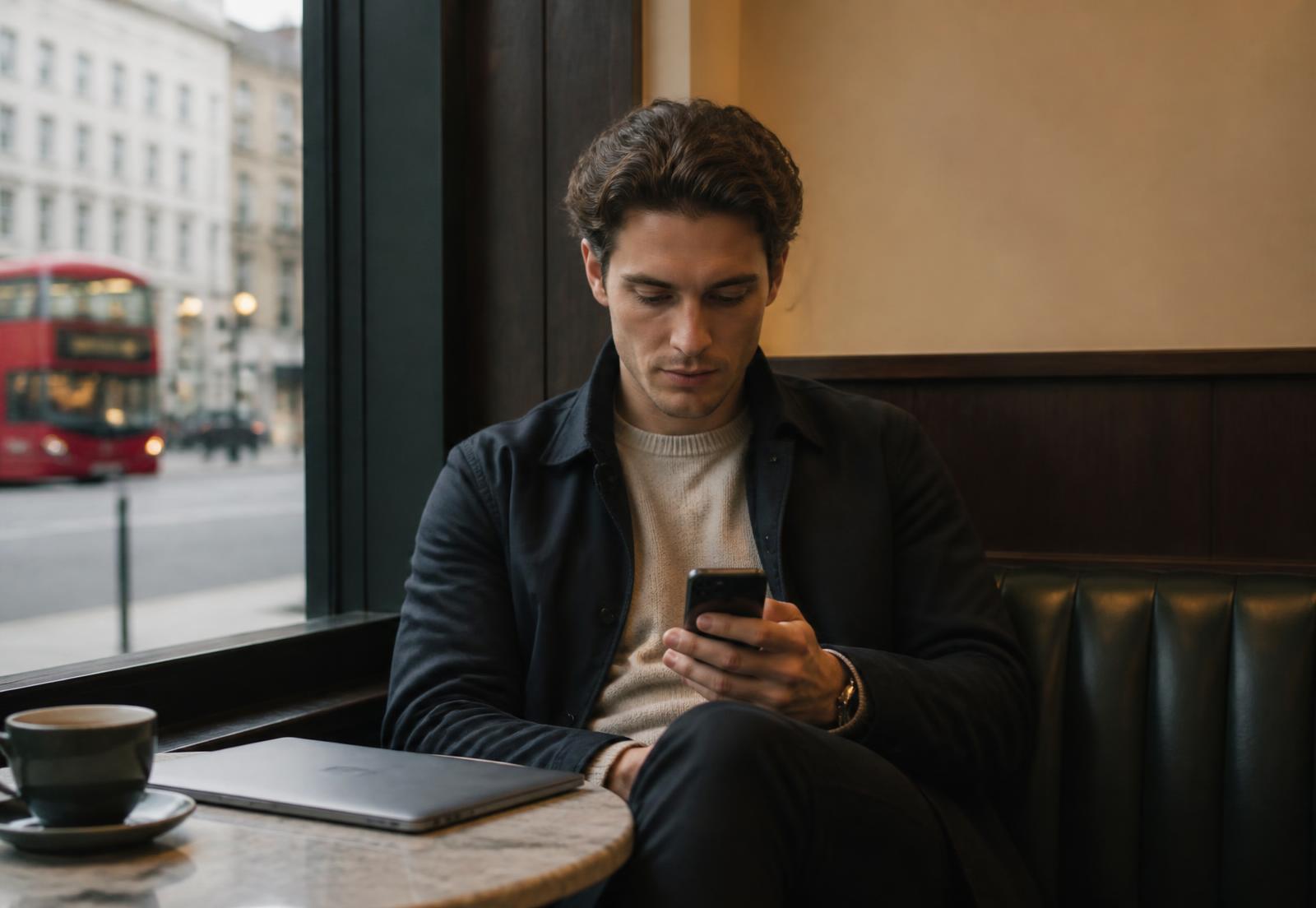 A customer using the Nordhaven Bank mobile app in a London cafe